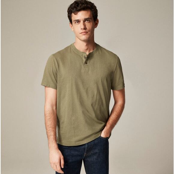 J.Crew Short-Sleeve Vintage-Wash Cotton Henley Shirt Mens M Olive Green Pullover - Picture 1 of 9